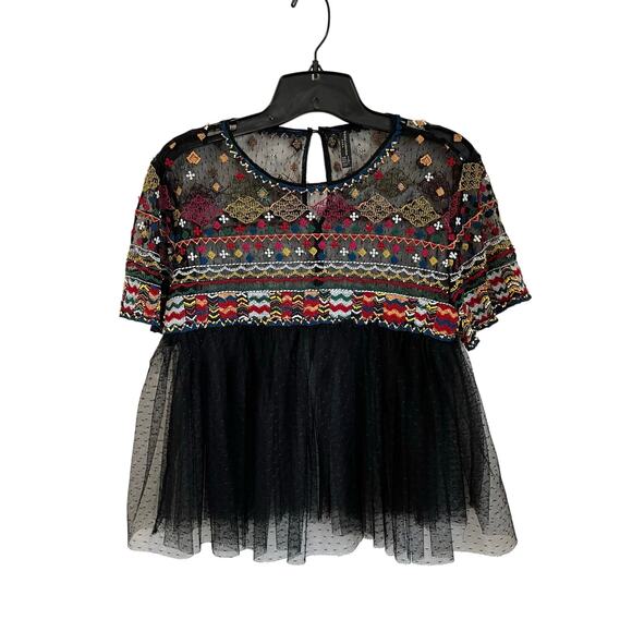 Zara Beaded Mesh Embroidered Mesh Peplum Blouse Size Small - Picture 3 of 5